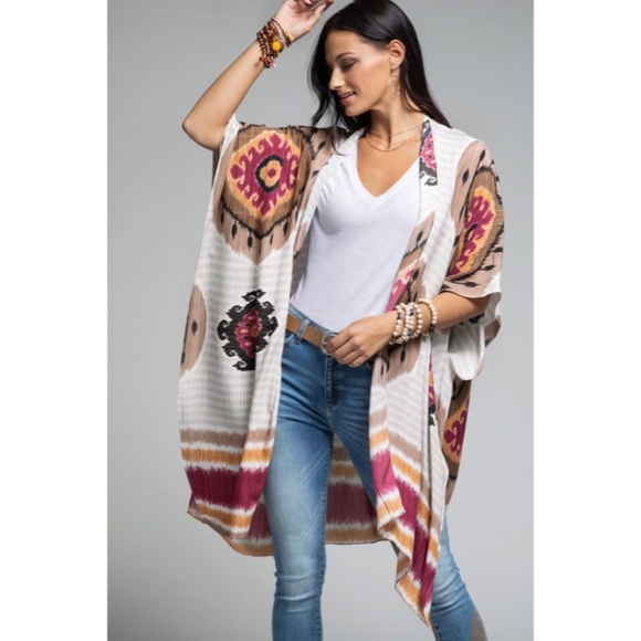 Accessories - Bohemian Mandala Inspired Stripes Side Slit Kimono Coverup Wrap Casual Women's